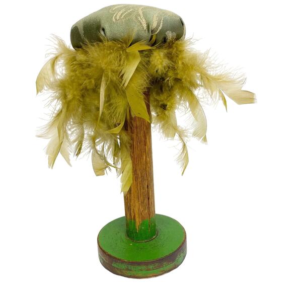 large vintage wooden green SPOOL hat holder brown feathers 11" tall - Picture 3 of 11
